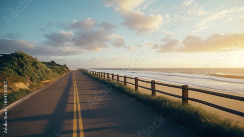 Empty asphalt road beside the sea background, highway beside the sea, outdoors horizontal image, Generative AI illustration © AITTHIPHONG