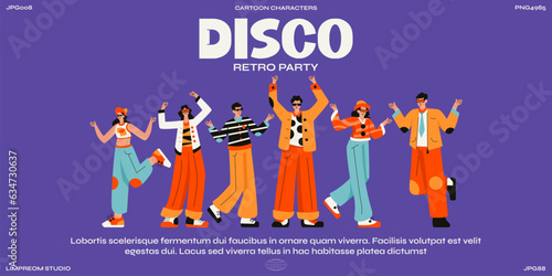 Happy people retro 90s party characters. Disco groovy style, dancing people on the dance floor. Vintage illustration, music player, vinyl records	