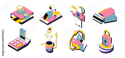 Cartoon money and finance elements. Business icons, arbitrage, bitcoin, charts. Cash and dollars stickers. bank and credit