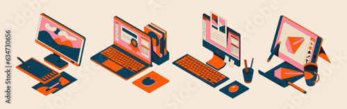 Web UI-UX graphic design. Designer workplace concept. Laptop and isometric drawing program. prosky style retro old computer style