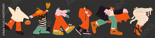 halloween cartoon characters in 90s groovy style.Mummy,ghost,witch,dracula, party costumes, retro horror scary mascots