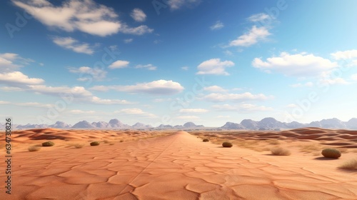 Desert landscape with sand road, A long straight dirt road disappears into the distant, cartoon style,