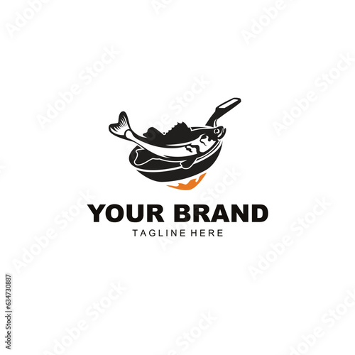 frying pan and fish logo illustration