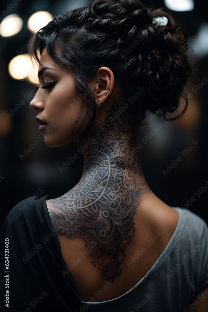 A woman with a striking neck tattoo A woman with a striking neck tattoo