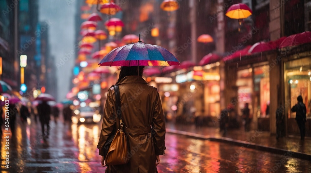 A woman walking down a rainy street with an umbrella
