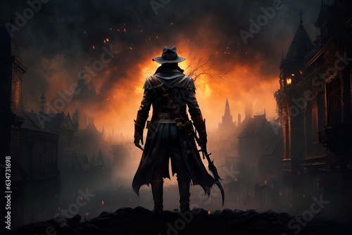 A mysterious man in a hat and coat standing in the shadows of a dark city