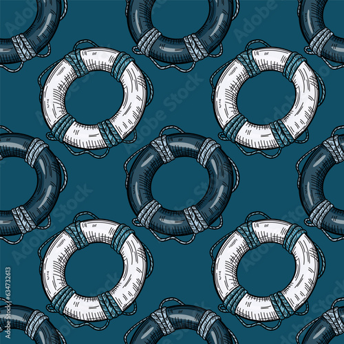 Vintage lifebuoy with rope sketch seamless pattern. Hand drawn life ring in engraving style wallpaper.