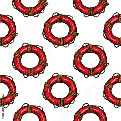 Vintage lifebuoy with rope sketch seamless pattern. Hand drawn life ring in engraving style wallpaper.
