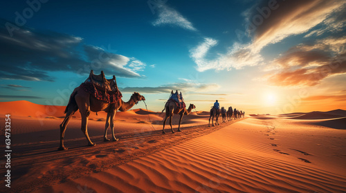 camel caravan in the desert at sunset. Generative Ai. 