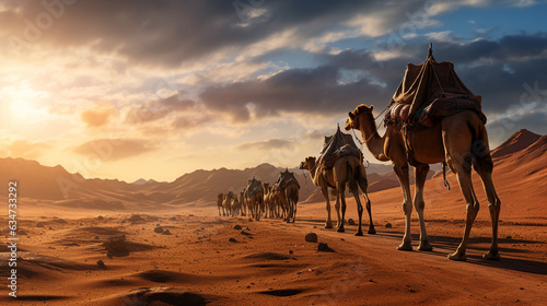 Camel caravan in the desert at sunset. Generative Ai. 