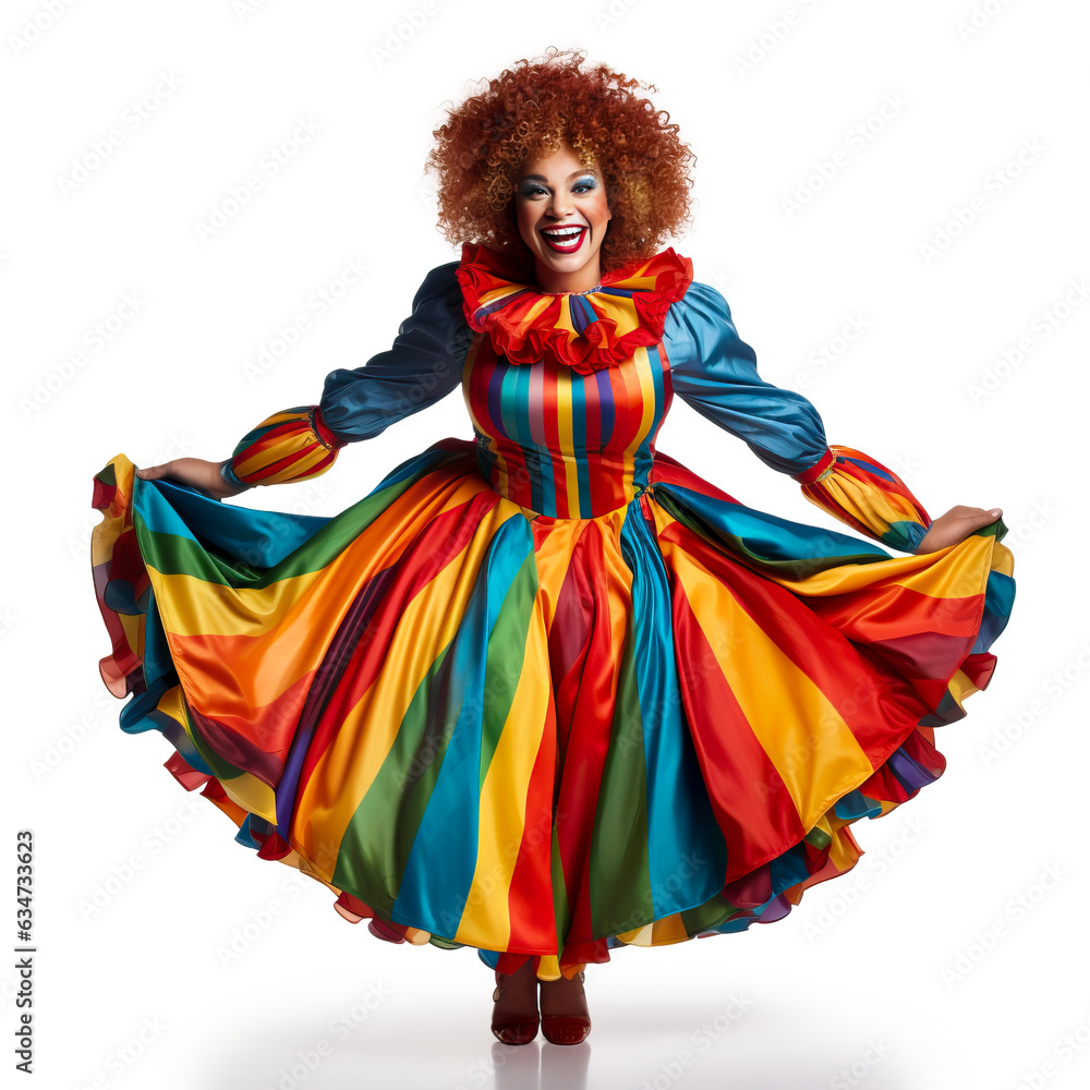 Female Clown from a circus in a colorful and fun costume. Smiling and looking joyful and funny. Isolated on white background.