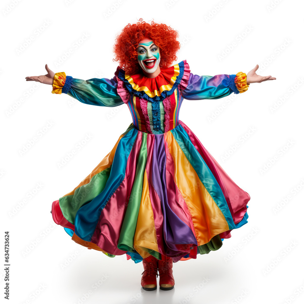 Female Clown from a circus in a colorful and fun costume. Smiling and looking joyful and funny. Isolated on white background.