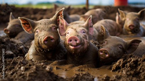 Happy Pigs in the mud. Eco friendly farming, ecology and free roaming farm animals. Close up with shallow depth of field © henjon