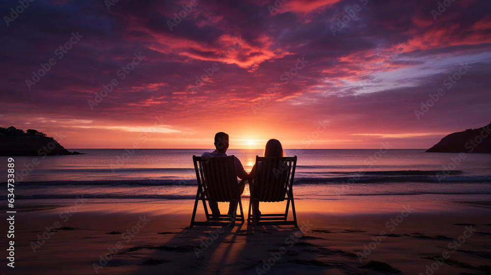 sunrise at the beach with two people sit down on the sand silhouette view