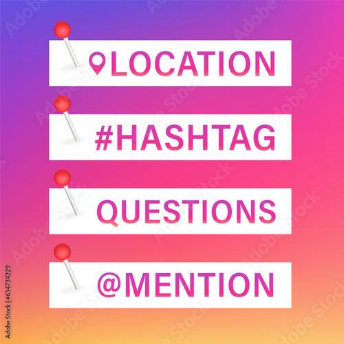Social media interface stickers, stories social media icons. A large set of white buttons and stickers, for the design of stories, stream, blogs. Location, hashtag, questions. Vector illustration