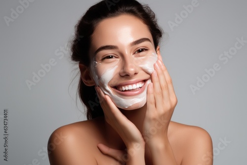 Woman smiling while applying moisturizing cream