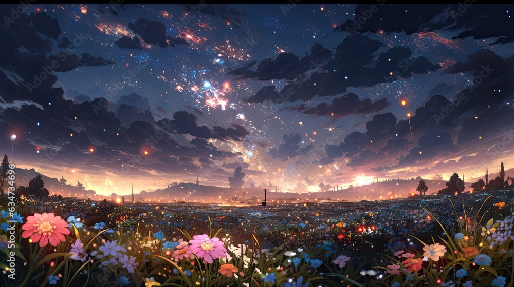Generative AI, the sight of a meteor shower on a beautiful night with a dark sky dotted with soft light emanating from stars that sparkle like diamonds, beautiful meteor shower, cool anime landscape - obrazy, fototapety, plakaty 