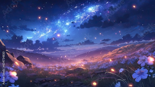 Generative AI, the sight of a meteor shower on a beautiful night with a dark sky dotted with soft light emanating from stars that sparkle like diamonds, beautiful meteor shower, cool anime landscape