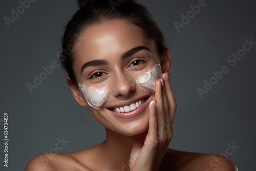 Woman smiling while applying moisturizing cream