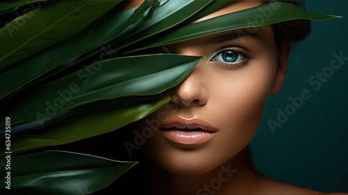 Beautiful girl with tropical leaves
