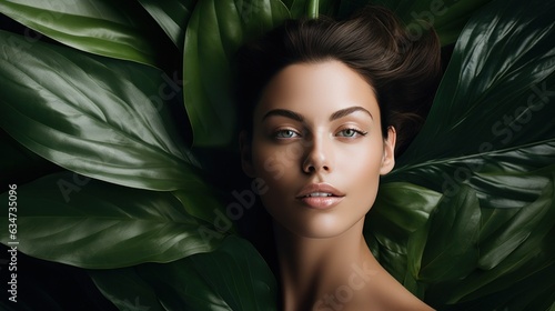 Beautiful girl with tropical leaves
