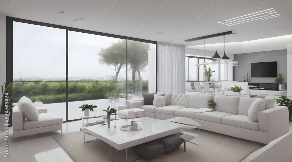 Captivating Modern White Interior with Gorgeous Backyard View | Home Living Room 3D Design Render | High-Quality 3D Illustration Captivating Modern White Interior with Gorgeous Backyard View | Home Living Room 3D Design Render | High-Quality 3D Illustration