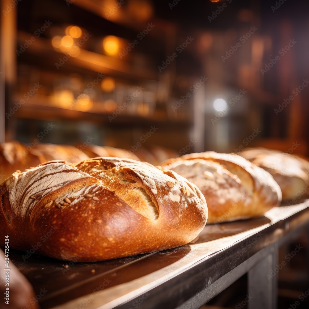 Baked crispy sourdough bread in the oven. Bread preparation. Generative AI.