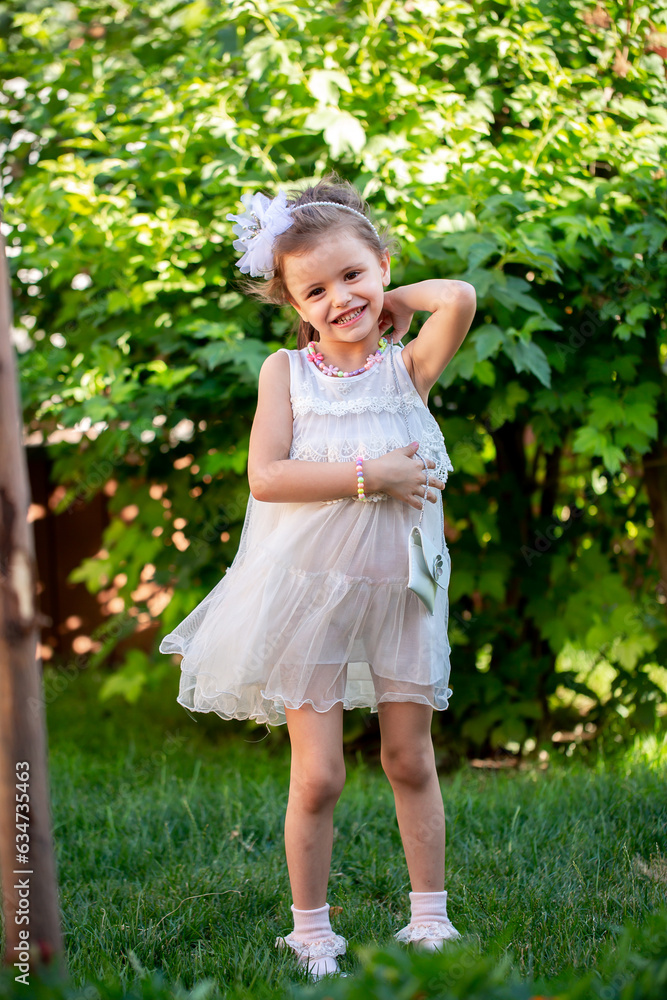 A cheerful little girl plays in the park on the lawn in a beautiful dress rejoices in the summer. Beautiful white girl smiling while walking in the courtyard of the house. A cheerful little girl plays in the park on the lawn in a beautiful dress rejoices in the summer. Beautiful white girl smiling while walking in the courtyard of the house.