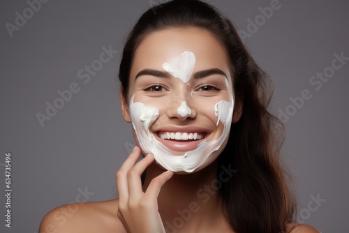 Woman smiling while applying moisturizing cream