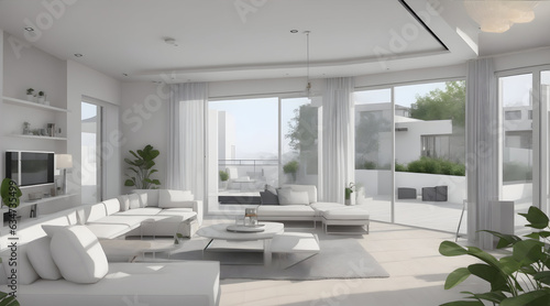 Stunning 3D Rendering of Modern White Interior with Backyard View   Home Living Room Design   High-Quality 3D Illustration