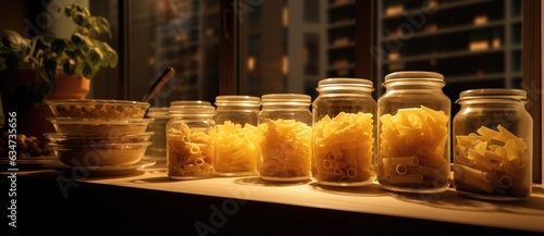 A collection of jars is shown with various pastas in them.
