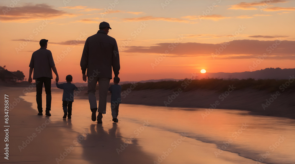 Fototapeta premium Capturing Heartwarming Moments: Father and Son Walking into the Sunset - Embrace the Beauty of Bonding and Family Connection. Stock Photo