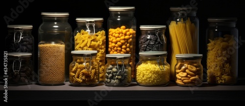 A collection of jars is shown with various pastas in them