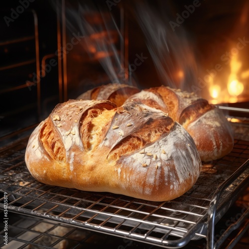 Baked crispy sourdough bread in the oven. Bread preparation. Generative AI.