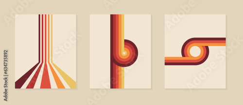 Color Lines, Ribbon Loops 1970s Style Background Set. Sixties and seventies style graphic design. Abstract modern vertical background with copy space. Clip art. Vector illustration