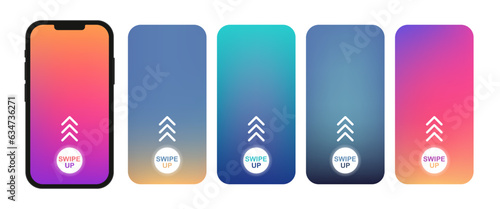 Backgrounds with swipe up symbol for social media story. Abstract colorful gradient template for smartphone screen, stories, landing page, website, mobile app, phone cover design. Vector illustration