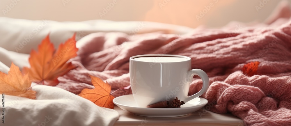 Coffee cup and autumn leaves