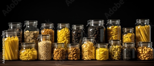 A collection of jars is shown with various pastas in them
