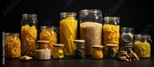 A collection of jars is shown with various pastas in them