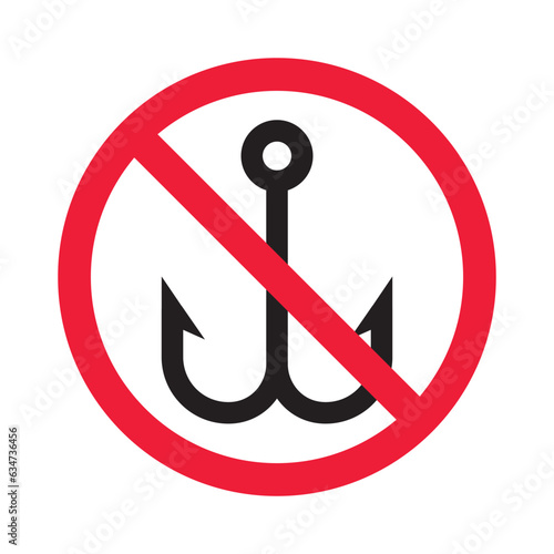 Forbidden fish hook vector icon. Warning, caution, attention, restriction, label, ban, danger. No fishing hook flat sign design pictogram symbol. No fishing hook icon