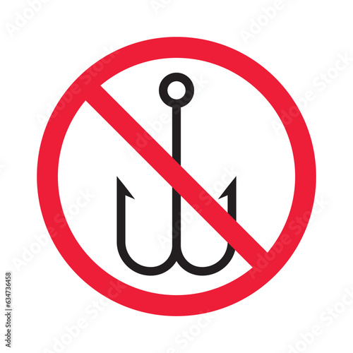 Forbidden fish hook vector icon. Warning, caution, attention, restriction, label, ban, danger. No fishing hook flat sign design pictogram symbol. No fishing hook icon