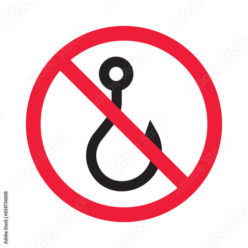 Forbidden fish hook vector icon. Warning, caution, attention, restriction, label, ban, danger. No fishing hook flat sign design pictogram symbol. No fishing hook icon