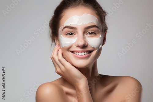Woman smiling while applying moisturizing cream