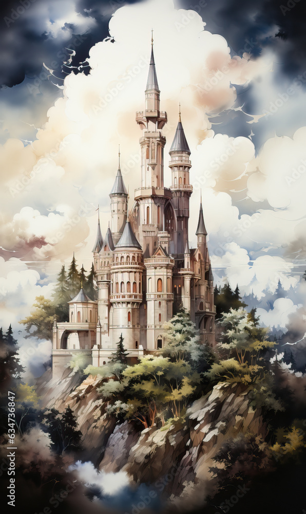 Obraz premium Castle on the island against the background of clouds.