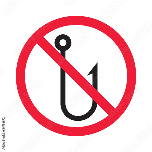 Forbidden fish hook vector icon. Warning, caution, attention, restriction, label, ban, danger. No fishing hook flat sign design pictogram symbol. No fishing hook icon