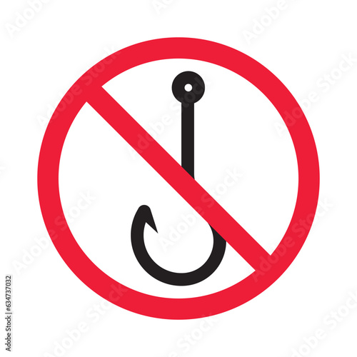 Forbidden fish hook vector icon. Warning, caution, attention, restriction, label, ban, danger. No fishing hook flat sign design pictogram symbol. No fishing hook icon