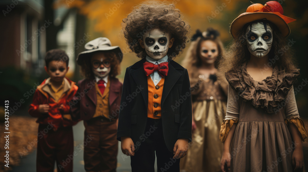 Group of children in halloween costumes. Halloween party concept.