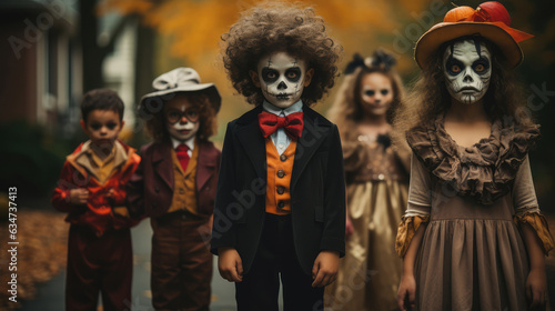 Group of children in halloween costumes. Halloween party concept. © Tida