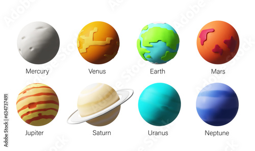 3D render Solar System planets set. Vector outer space gas giants Jupiter and Saturn, ice Uranus Neptune, Pluto. Rocky Mercury, Venus and Earth, Mars. Realistic colofful science, astronomy clay style