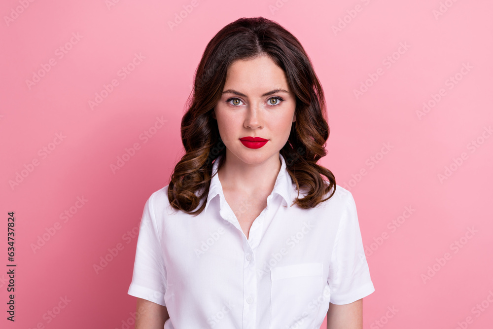 Photo of charming adorable young girl dressed white shirt smiling isolated pink color background Photo of charming adorable young girl dressed white shirt smiling isolated pink color background